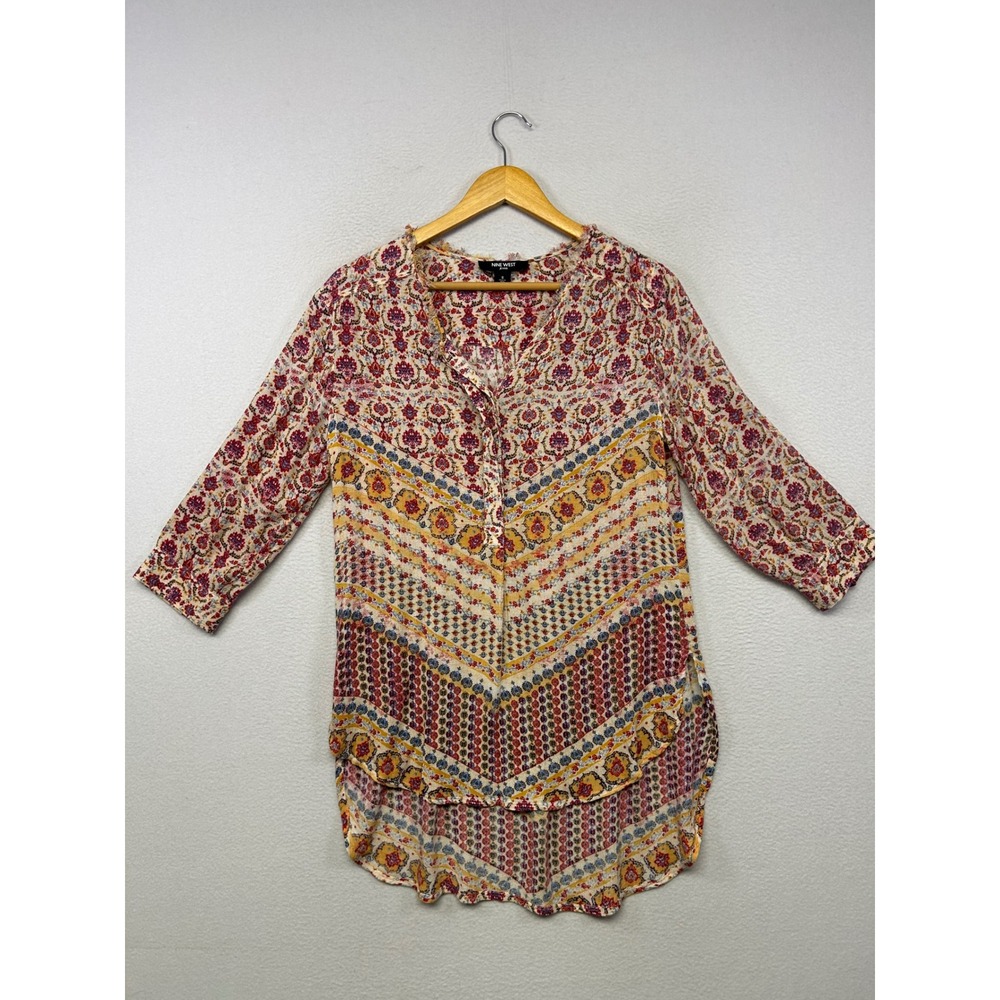Boho Nine West Jeans Womens Small Multicolor Paisley Frayed V-Neck Tunic Blouse